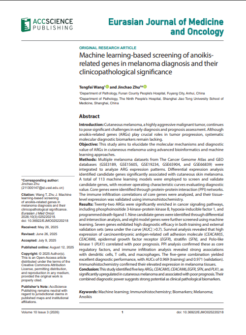 ejmo_asp's tweet photo. 🧬Machine learning-based screening of anoikis-related genes in melanoma diagnosis and their clinicopathological significance
🧩Keywords：Machine learning
Immunohistochemistry
Biomarkers
Melanoma
Anoikis
⛓️Link：https://t.co/0C5bHqFsVZ https://t.co/wVVDj0I8W1