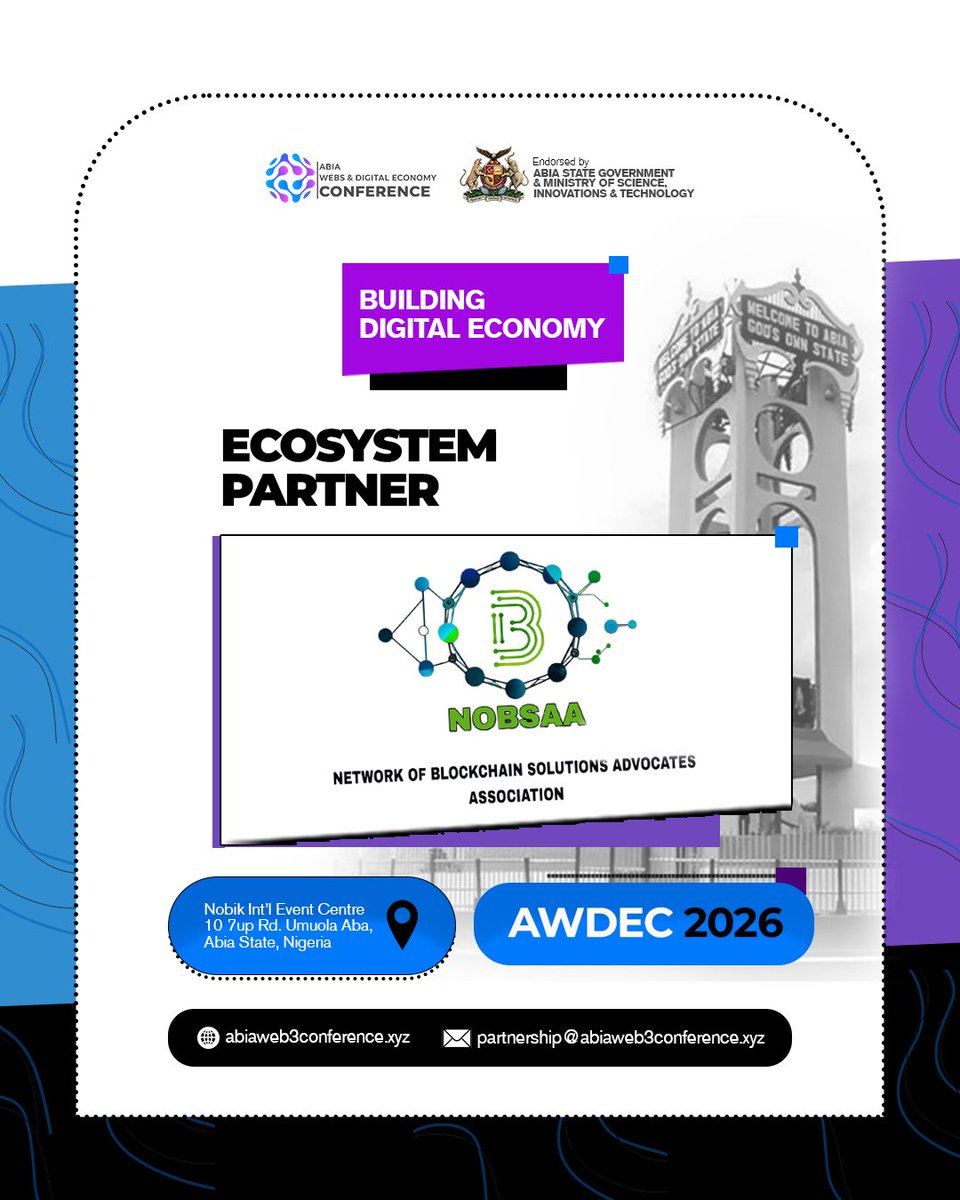 Abia_Web3Net's tweet photo. We're proud to welcome NOBSAA as an official Ecosystem Partner for AWDEC 2026.

Together, we're strengthening blockchain education, innovation, and ecosystem growth across Africa.

REGISTER: https://t.co/LDCMZluFt6 https://t.co/Scf84YXuqR