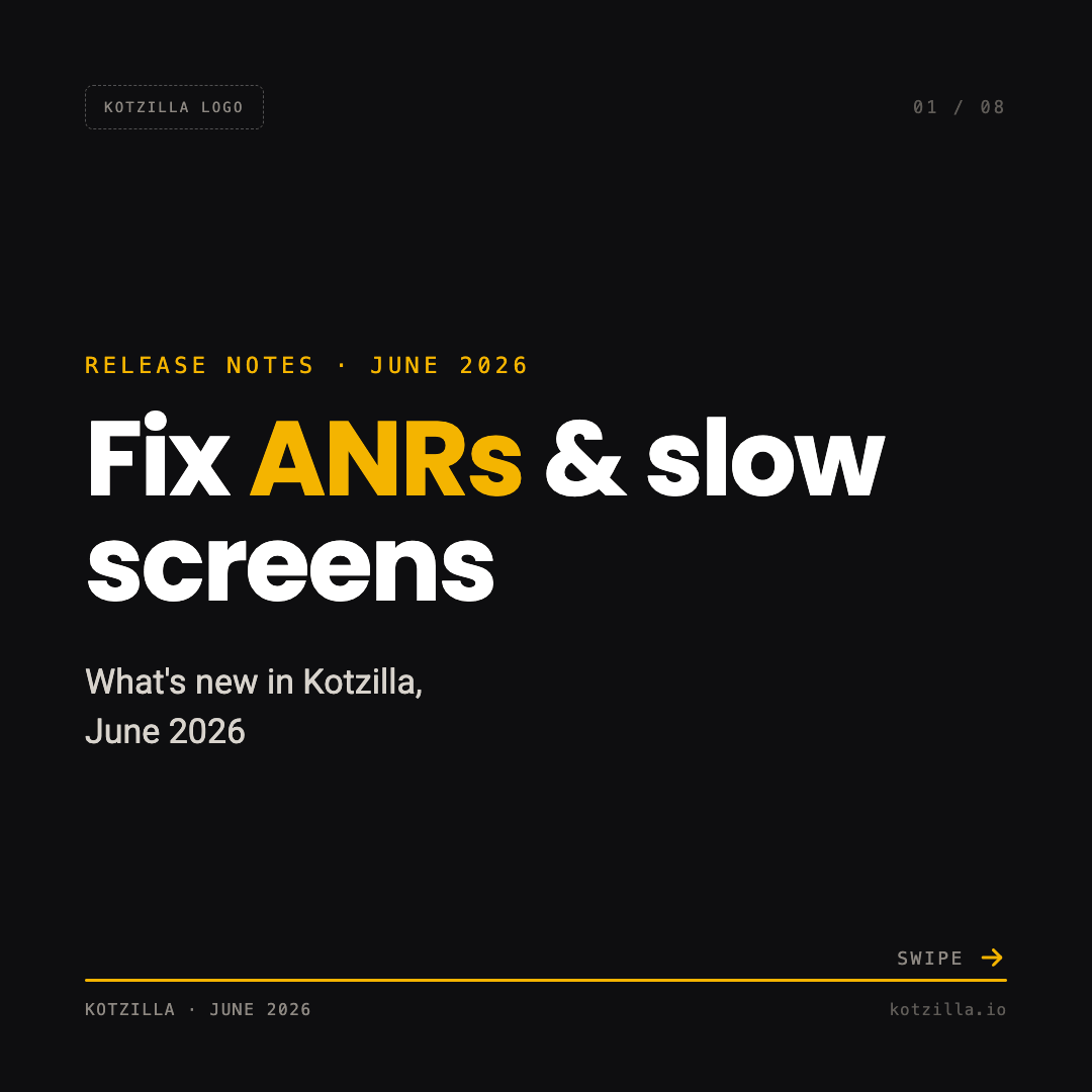 Kotzilla_io's tweet photo. Six changes in the June Kotzilla release:
ANRs and slow screens are automatically flagged as top-priority.
One-click root cause.
On-device Compose timing.
A safer SDK.
AI fixes via MCP.
Read the notes: https://t.co/miVZMVmN1J https://t.co/tVpRfNguZN