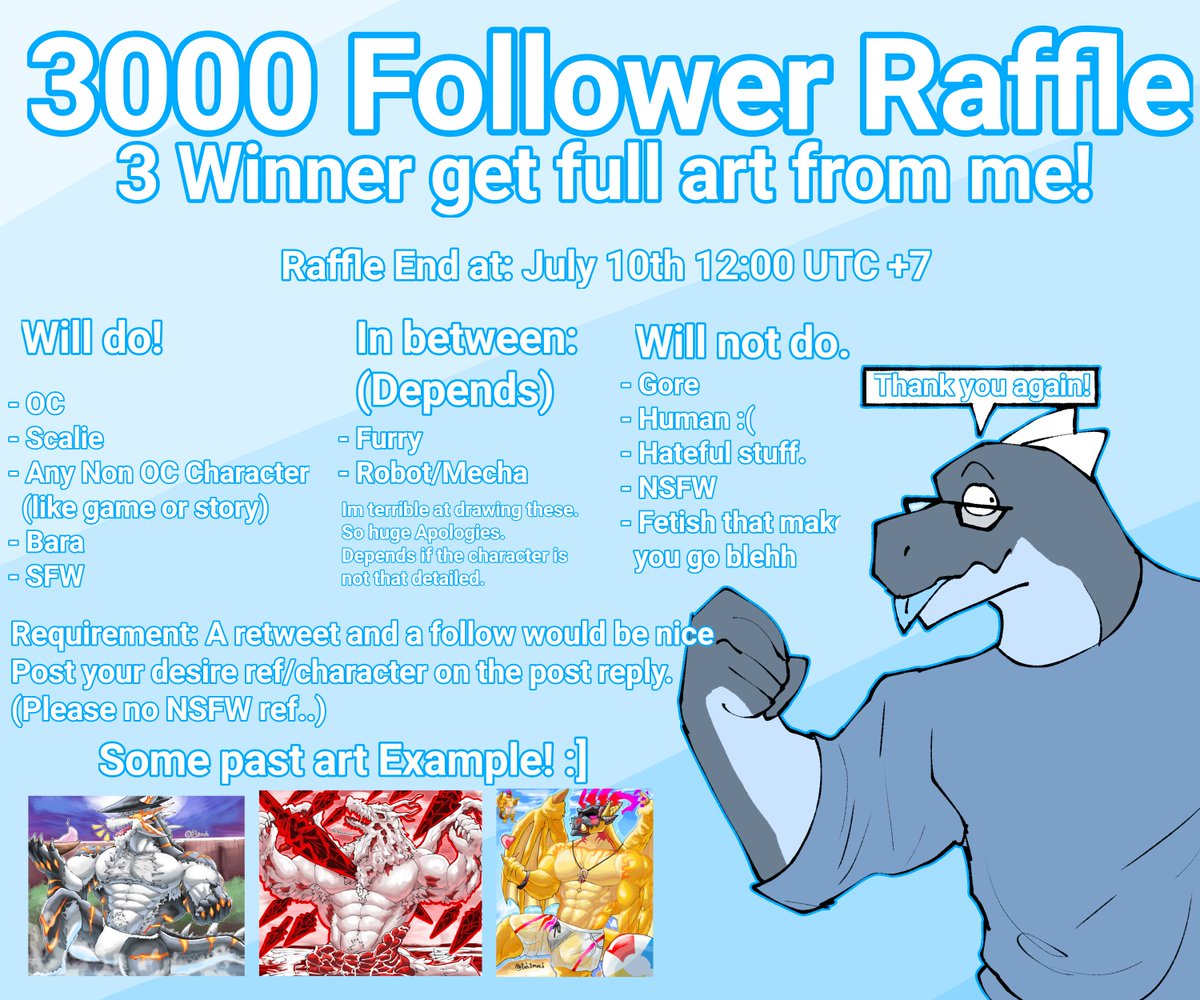 8eh3moth's tweet photo. Heyya!

I'm hosting an raffle for my 3000 follower milestone!
I'm very sorry if the Text is hard to read (my mistake).
Please refer to the end time in the image.

Once again thank you so much for 3000 follower :D
I'll keep making art that you enjoy.
I'm grateful for your support! https://t.co/KGJSexpnIU