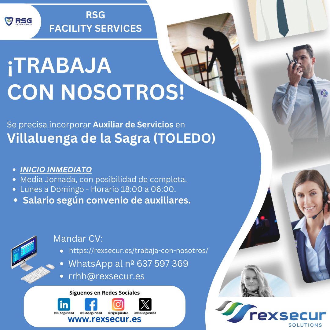 rexsecur's tweet photo. 🚨URGENTE🚨
OFERTA DE TRABAJO EN TOLEDO
INICIO INMEDIATO

#OfertaLaboral #TrabajaConNosotros #Empleo #Rexsecur #RSGseguridad #RSGFacilityServices #Auxiliares #Controladores #Conductores #Toledo #Villaluenga https://t.co/Ex946foJUC