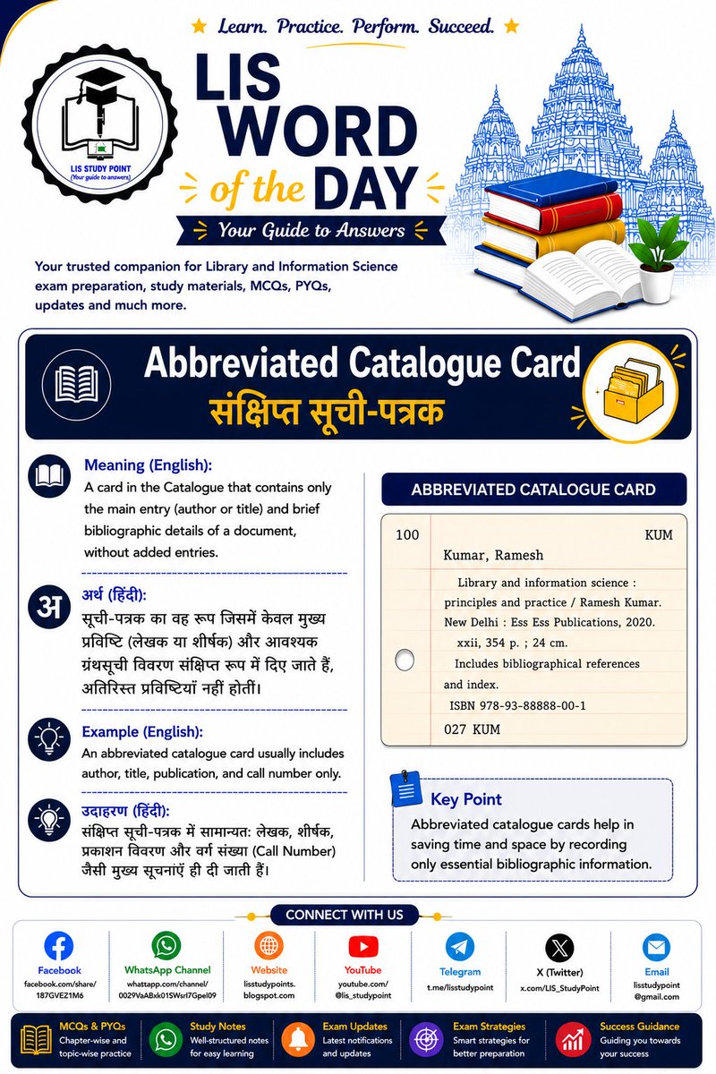 LIS_StudyPoint's tweet photo. 📚 LIS Word of the Day | आज का LIS शब्द
Abbreviated Catalogue Card (संक्षिप्त सूची-पत्रक)📖
#LISStudyPoint #LISWordOfTheDay #LibraryScience #LIS #Cataloguing #AbbreviatedCatalogueCard #संक्षिप्त_सूची_पत्रक #LibraryTerminology #LibrarianExam #Study #LearnEveryDay #YourGuideToAnswe https://t.co/GKercmacit