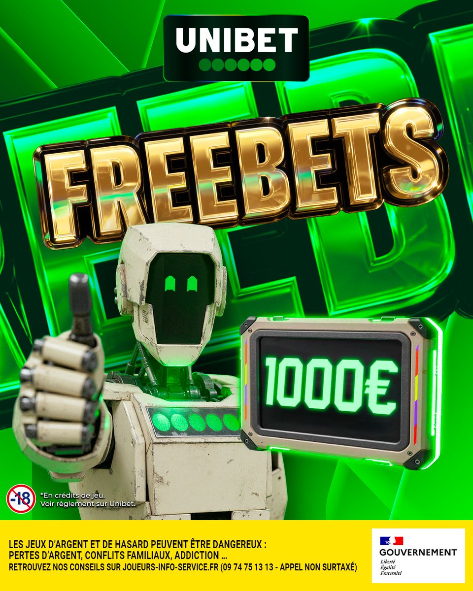 UnibetFrance's tweet photo. Grosse journée, gros FREEBETS 🎁 On envoie 10 x 100€ pour vous régaler aujourd'hui 🔥

🤖 RT/Follow @UnibetFrance + ton bet du jour 
🍀 TAS demain https://t.co/6rKJLaJGfG