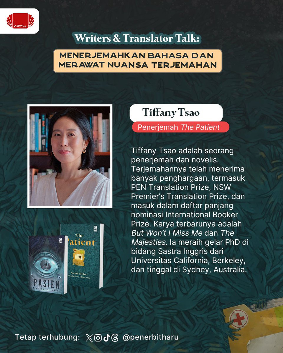 penerbitharu's tweet photo. Melalui acara Writer and Translator Talk: Menerjemahkan Bahasa dan Merawat Nuansa Terjemahan, kami mengajak teman-teman untuk ngobrol seputar novel Pasien karya kak @MidoriNaomi_ dan proses kreatif penerjemahannya oleh kak Tiffany Tsao  hingga terbit dalam bahasa Inggris https://t.co/jwG8TvOKNL