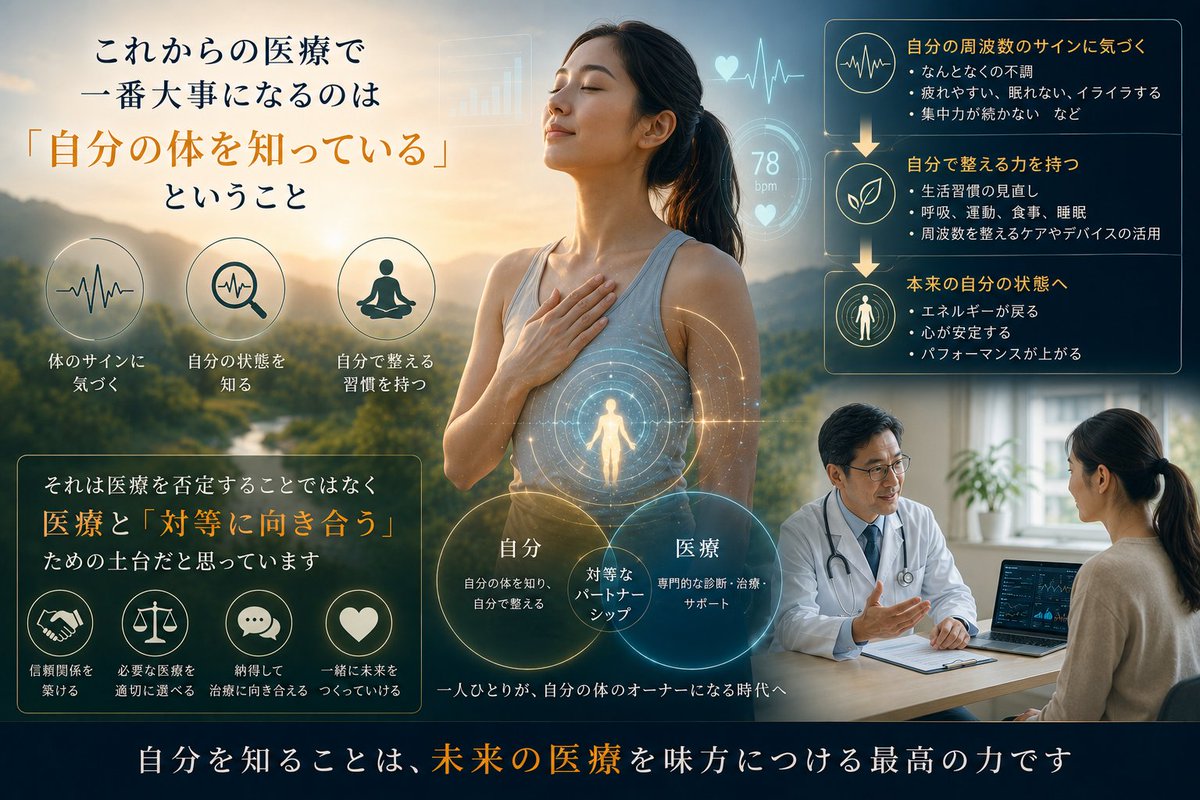 BioluxInfo's tweet photo. これからの医療で
一番大事になるのは

「自分の体を知っている」ということ

誰かに治してもらうのを待つのではなく
自分の周波数のサインに気づき
自分で整える力を持つこと

それは医療を否定することではなく
医療と「対等に向き合う」ための
土台だと思っています

#セルフケア #周波数 #バイオレゾナンス #Biolux
