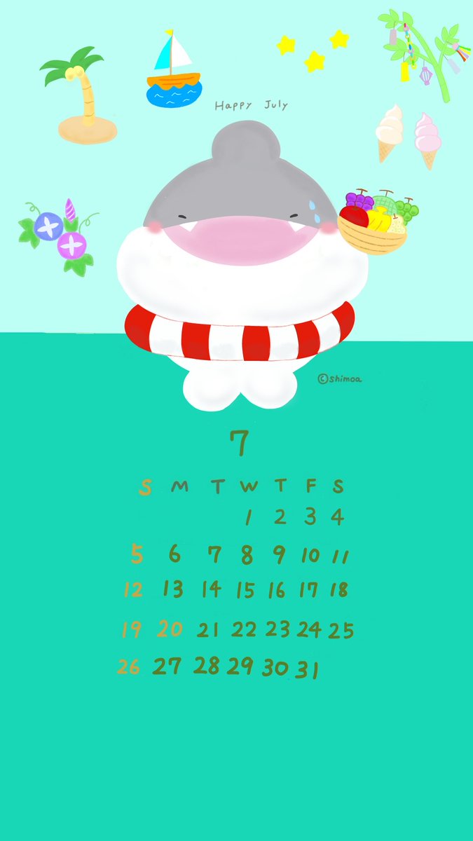 shimoamof's tweet photo. 7月のカレンダーイラスト描きました🗓️
壁紙用に保存できます
#イラスト　#カレンダーイラスト　
#サメ　#あせあせアニマル https://t.co/rqaP0kq4Nj