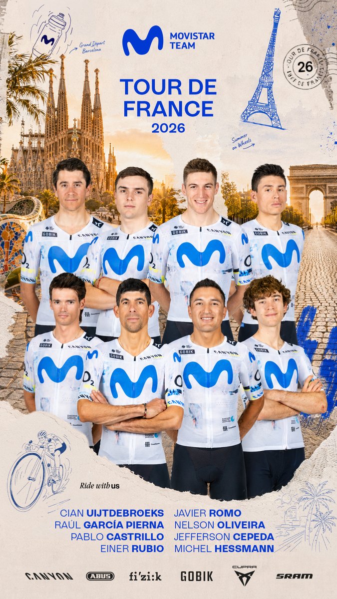 Movistar_Team's tweet photo. 💙 Ocho ciclistas, un EQUIPO:

🇧🇪 Cian UIJTDEBROEKS

🇪🇸 Raúl GARCÍA PIERNA

🇪🇸 Pablo CASTRILLO

🇨🇴 Einer RUBIO

🇪🇸 Javier ROMO

🇵🇹 Nelson OLIVEIRA

🇪🇨 Jefferson CEPEDA

🇩🇪 Michel HESSMANN

A por ello, chicos. 👊

#RodamosJuntos | @movistar_es | #TDF2026