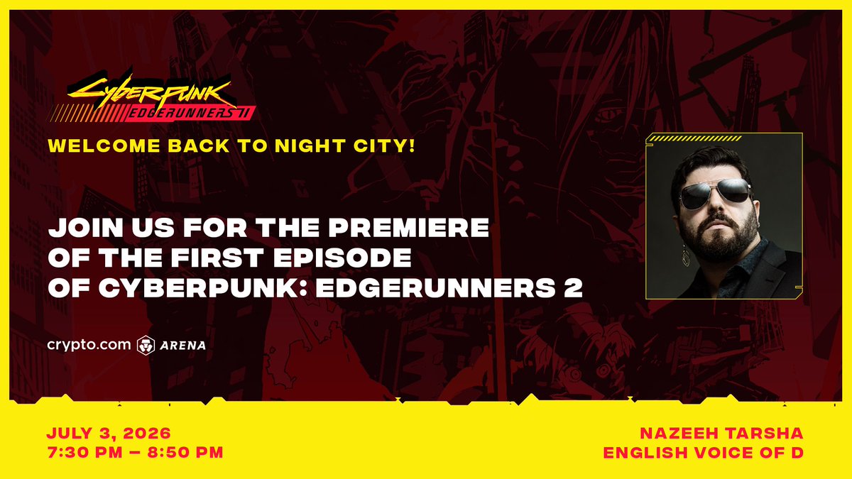 edgerunners's tweet photo. See it first 🫨💥 

We’ve got something special planned for #AnimeExpo!

🎬 Watch the premiere of Cyberpunk: Edgrunners 2 Episode 1

🎙️ @NazeehTarsha, the English voice of D, is joining our line up of panelists.

We’ll see you on July 3 at 7:30 PM PT at https://t.co/ItvHzXpkQI Arena.