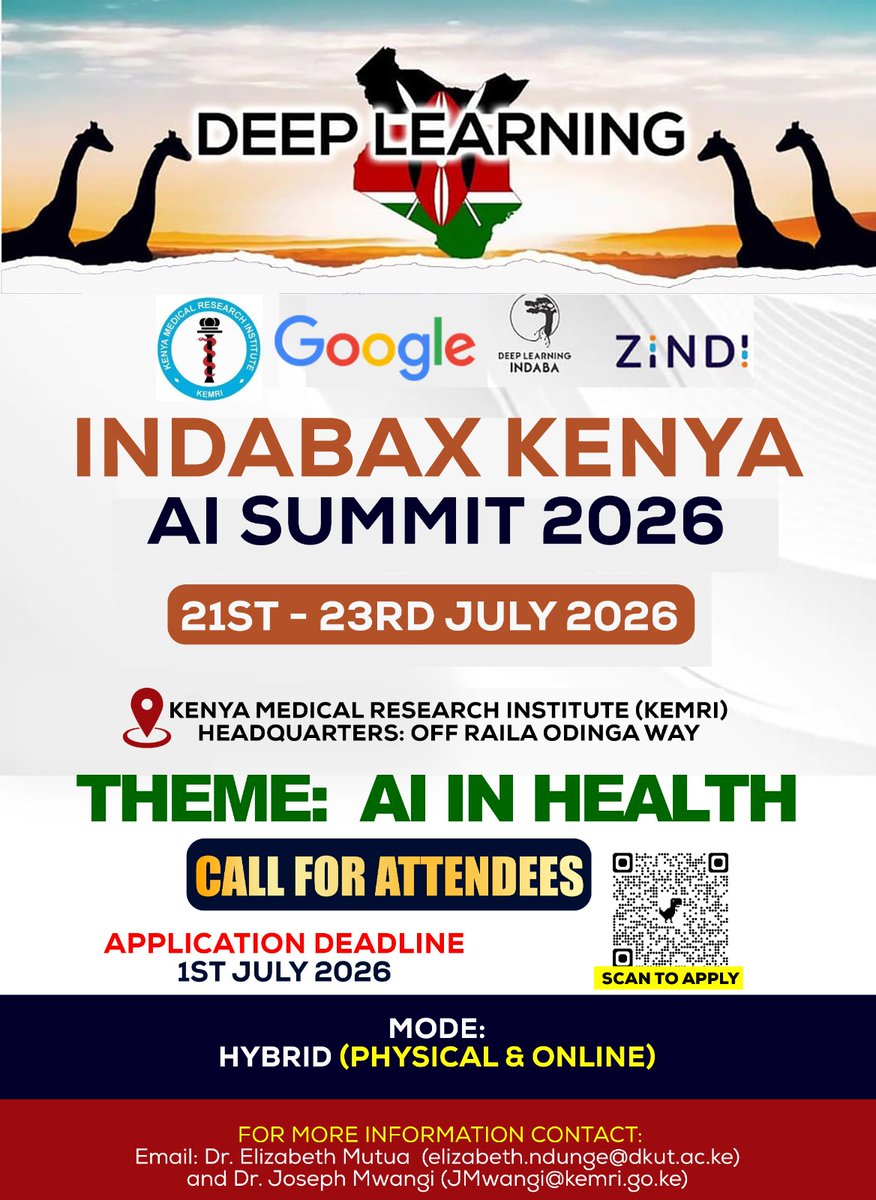 KEMRI_Kenya's tweet photo. 🚀 Registration is still OPEN for IndabaX Kenya AI Summit 2026!
🩺 Theme: AI in Health
📍 Hybrid Event: Attend in person or online
📅 Registration Deadline: 1 July 2026
🔗 Register now: https://t.co/6MaACPlmXZ
#IndabaXKenya2026 #AIinHealth https://t.co/1U4k4lUcCf