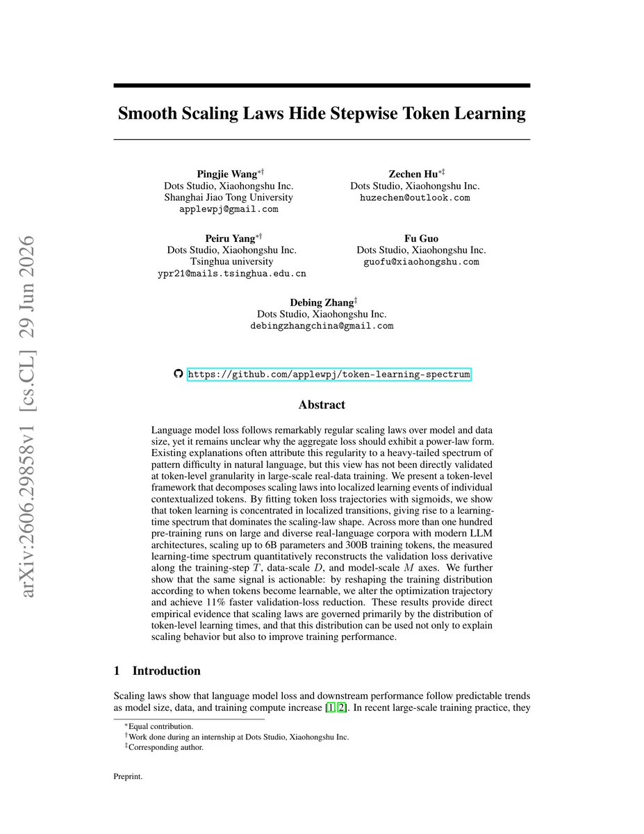 rosinality's tweet photo. https://t.co/bsAl3FGITv

Why does power-law scaling occur? Loss of individual tokens follows a sigmoidal curve, and the aggregation of these curves with different times of learning makes a power-law curve. Quanta hypothesis again? https://t.co/Iw2qn3m6QE