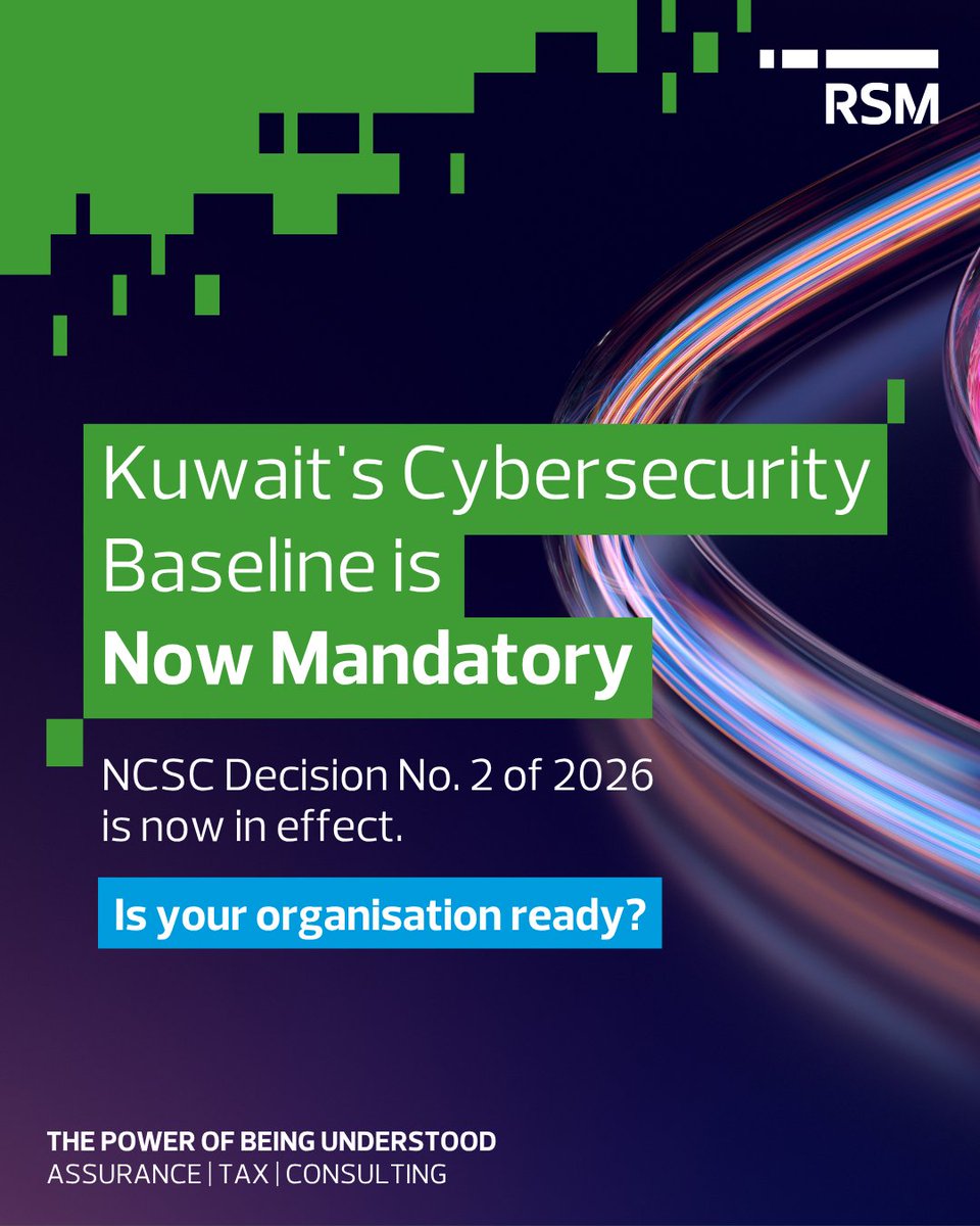 RSMKuwait's tweet photo. Cybersecurity requirements in Kuwait have entered a new phase.

The National Basic Cybersecurity Controls (NBCC) are now the minimum cybersecurity standard for entities operating under the National Cyber Security Center's mandate. With an 18-month compliance window, organisations should begin preparing for compliance.

RSM in Kuwait supports organisations throughout the NBCC compliance journey, from gap assessments to regulator-ready reporting.

To discuss your organisation's NBCC readiness, contact our Cybersecurity team at cybersecurity@rsm.com.kw or 
learn more about our Cybersecurity services at:  https://t.co/2rrZFim7Dv