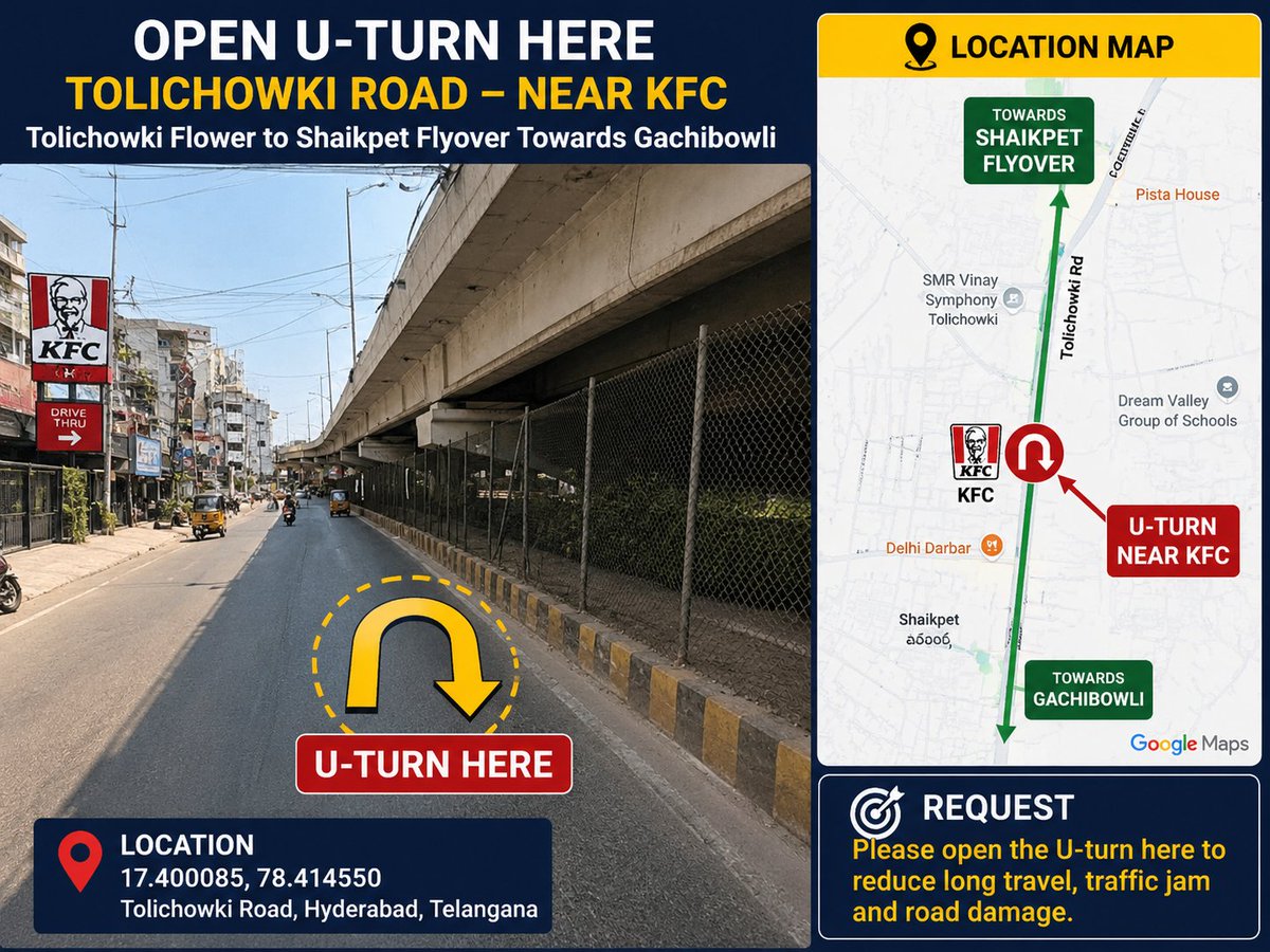 KHALEDP900's tweet photo. Daily traffic jam on Tolichowki Flower → Shaikpet Flyover → Gachibowli due to damaged roads and lack of a U-turn near KFC. Kindly repair the road and consider a U-turn at 📍17.400085, 78.414550 for smoother traffic and public convenience. #HyderabadTraffic #RoadSafety https://t.co/rzI7r4JO81