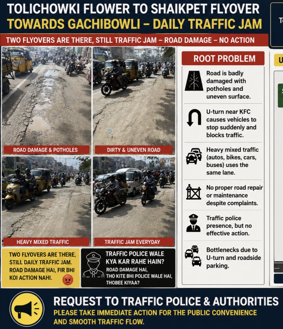 KHALEDP900's tweet photo. Daily traffic jam on Tolichowki Flower → Shaikpet Flyover → Gachibowli due to damaged roads and lack of a U-turn near KFC. Kindly repair the road and consider a U-turn at 📍17.400085, 78.414550 for smoother traffic and public convenience. #HyderabadTraffic #RoadSafety https://t.co/rzI7r4JO81