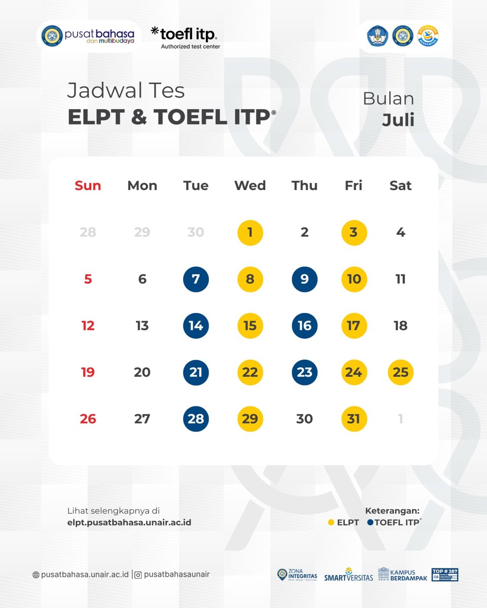 pusbamulya's tweet photo. Halo Soba!👋
Yang ditunggu-tunggu sudah hadir, nih!

Berikut informasi jadwal tes ELPT &amp; TOEFL ITP®️ bulan Juli 2026 di Pusat Bahasa dan Multibudaya Universitas Airlangga.

Untuk informasi lebih lengkap bisa kunjungi website kami https://t.co/c8nyCxD9OI

#elpt #toefl https://t.co/b3N6mu7XxW