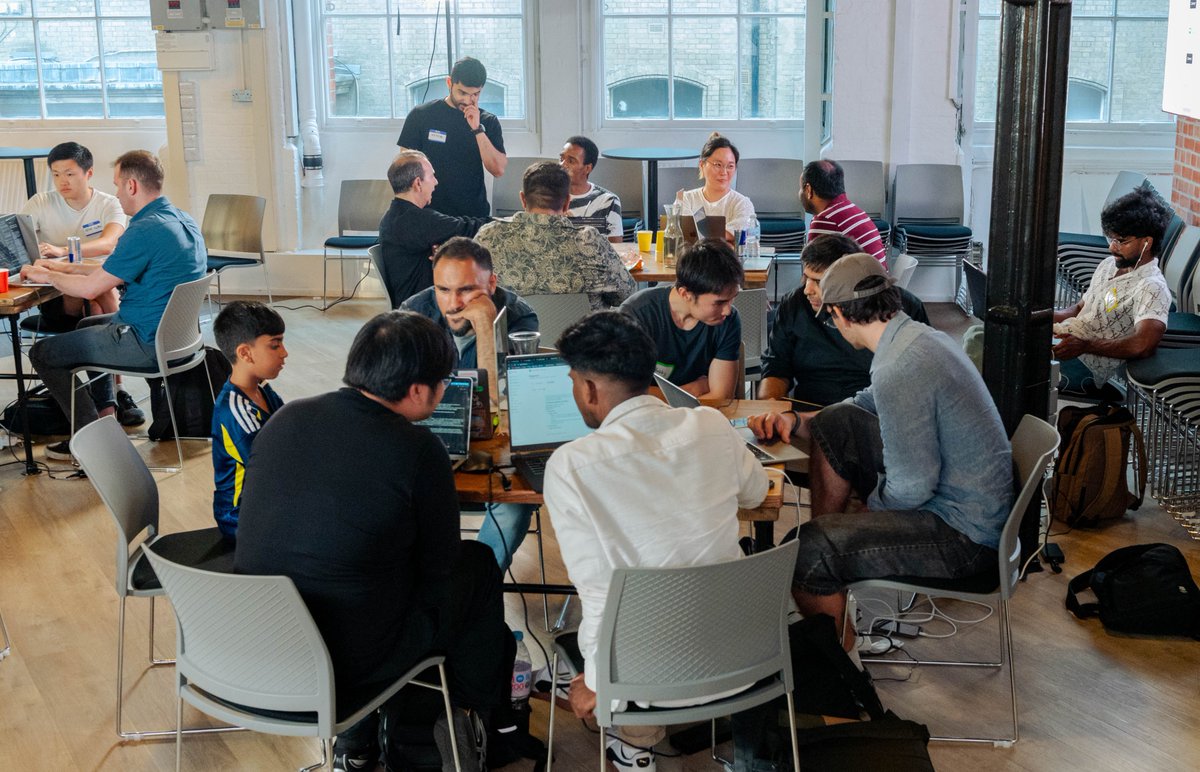 BimpeAI's tweet photo. London’s first Agentic AI Hack Night 🔥

60+ builders. 7 teams. 90 mins to build working AI agents from scratch then demo live to judges. 

Fraud detection voice agents. Invoice auto-chasers. Airbnb concierges. All live and taking real calls by end of night.
Next one: July 30th https://t.co/nt57KC3qgq