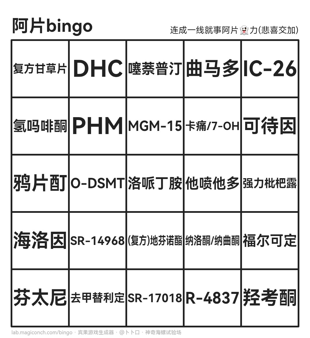 Lomyral896444's tweet photo. 阿片👻bingo游戏！连起一条线就代表你已经一条路走到黑力(悲)

当作是菜单也未尝不可呃呃，特意多挑了些我觉得有意思，收集难度又不是特别高的物质，，，至少全收集是完全有可能的！ https://t.co/eVFRFk9JUw