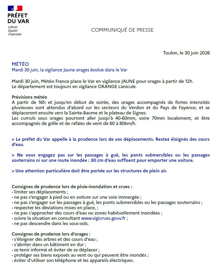Image de Préfet du Var : #MÉTÉO83 | 🟡 Mardi 30 juin, la vigilance JAUNE orages évolue dans le #Var :
➡️ A partir de 16h, dan