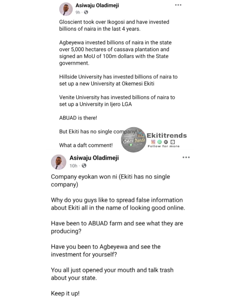 ekititrends's tweet photo. Public Affairs Analyst Asiwaju Oladimeji Dismisses 'No Company in Ekiti' Narrative https://t.co/Se5ByCVr1b