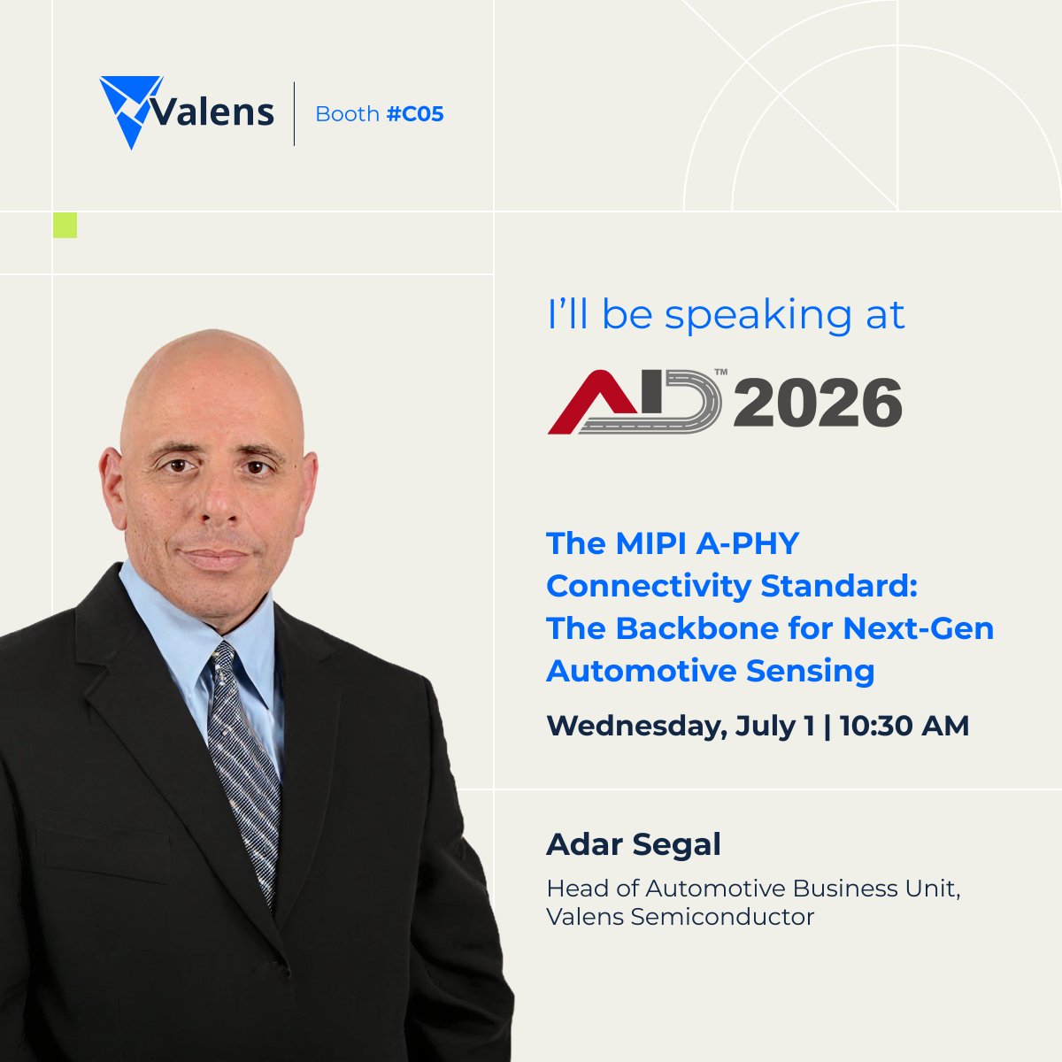 ValensSemi's tweet photo. Heading to #AID2026 this week?
Visit Valens Booth #C05 for demonstrations on how the mature MIPI A-PHY standard powers next-gen ADAS.
Don't miss Adar Segal at 10:30 AM, exploring native A-PHY sensor integration and its benefits for the automotive ecosystem.
@MIPI_Alliance https://t.co/IRmO50k74I