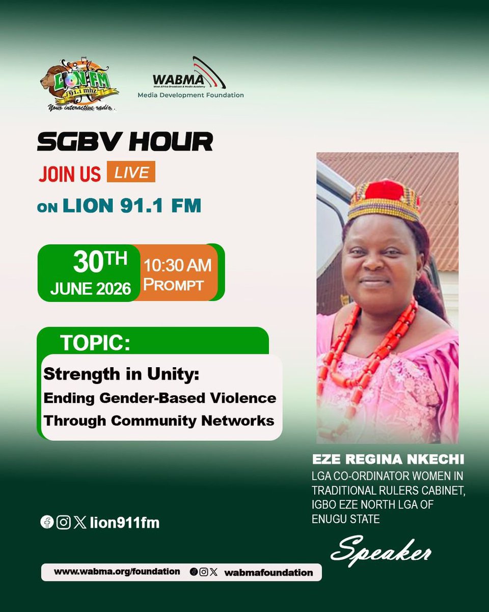 wabmafoundation's tweet photo. Ending Gender-Based Violence starts with united communities.
Join Eze Regina Nkechi on SGBV Hour as she discusses "Strength in Unity: Ending Gender-Based Violence Through Community Networks."
30th June 2026
10:30 AM (Prompt)
Lion 91.1 FM
#SGBVHour #EndGBV #StrengthInUnity https://t.co/M7VavNQ0MG
