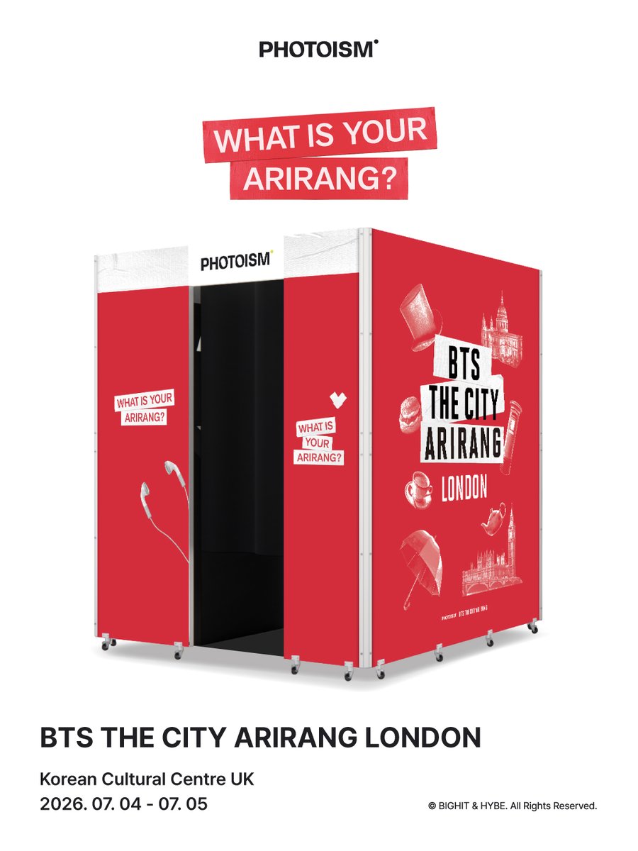 photoism_global's tweet photo. PHOTOISM with BTS THE CITY ARIRANG LONDON

Photoism is participating at the BTS THE CITY ARIRANG LONDON in KCCUK

* Location | Korean Cultural Centre UK
* Operation Period | 2026.07.04 - 07.05

ONLY IN PHOTOISM

#BTS_THECITY_ARIRANG
#BTS_THECITY_ARIRANG_LONDON https://t.co/NdziY6ifBZ