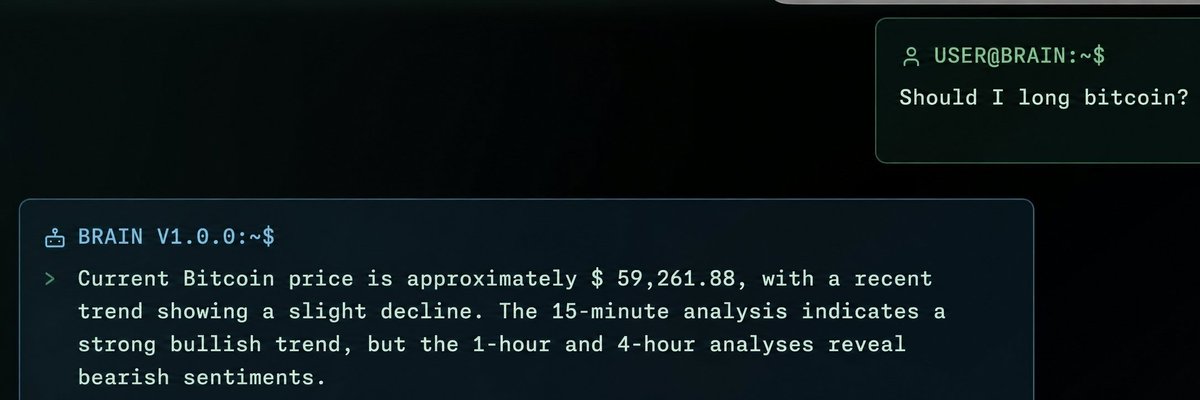 Merovian_ai's tweet photo. 🌐 Merovian Unveiled: AI-Powered Insights

User Query: "Should I long Bitcoin?"  BRAIN Response: Analyzes $59,261.88 BTC price, 15-min bullish vs. 1-hr/4-hr bearish trends.    

Why Merovian?: $MERIAN drives cutting-edge analysis, coming to Solana!    

#Solana https://t.co/9tepJ7ebVL