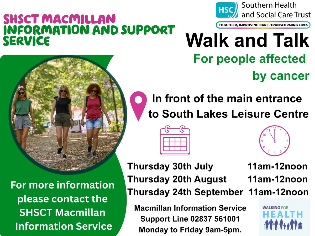 SouthernHSCT's tweet photo. Walk and Talk for people affected by cancer🚶

Join our Macmillan Information and Support Service for a friendly walk and the opportunity to meet others in a supportive environment.

 For more information: 02837 561001 ☎️ https://t.co/XFCoBBUIAx