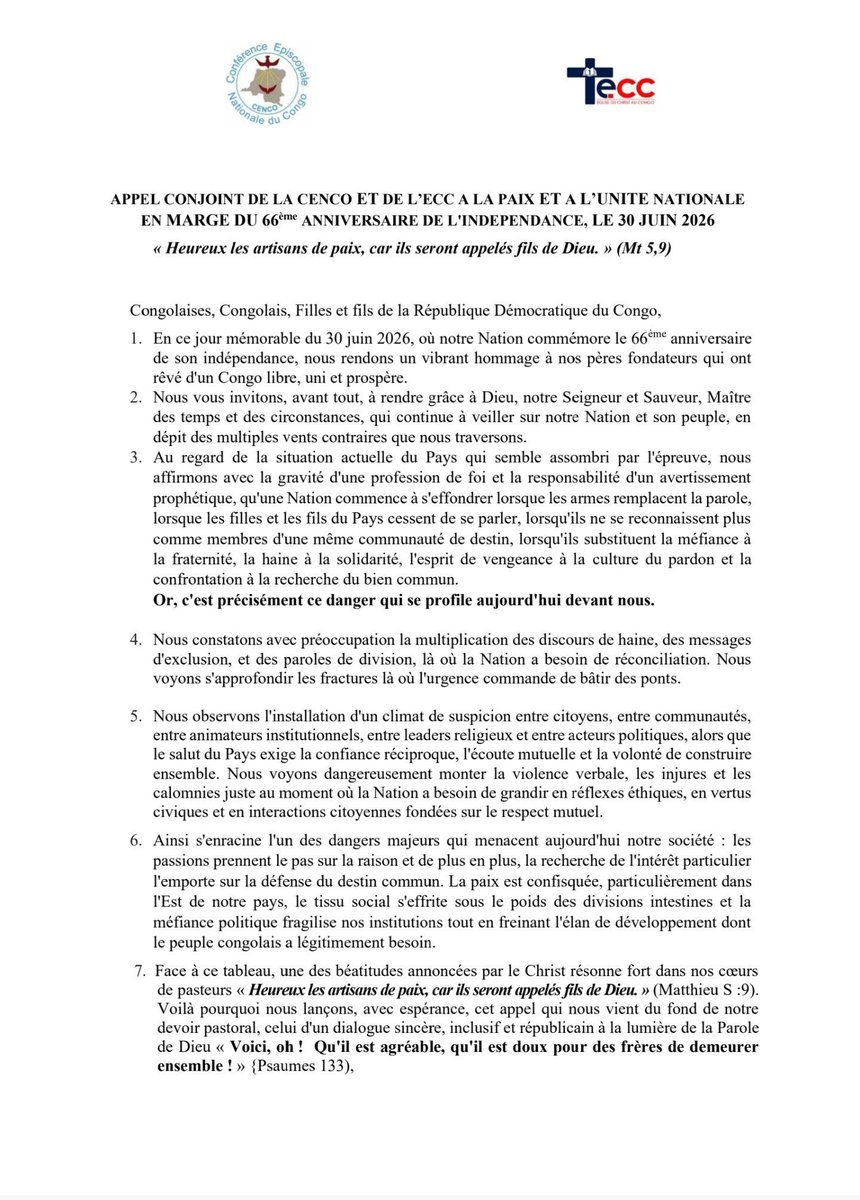 wembi_steve's tweet photo. #RDC: “Le moment est au sursaut de responsabilité : le dialogue inclusif s'impose pour toutes celles et tous ceux qui se soucient réellement de la patrie. Le moment est à l'obligation de rechercher les voies concrètes, rapides et pacifiques de paix en vue de restaurer la confiance et préserver l'avenir commun. Sauvegardons notre Nation ensemble. Préservons notre patrie ensemble. Reconstruisons notre Pays ensemble” CENCO/ECC