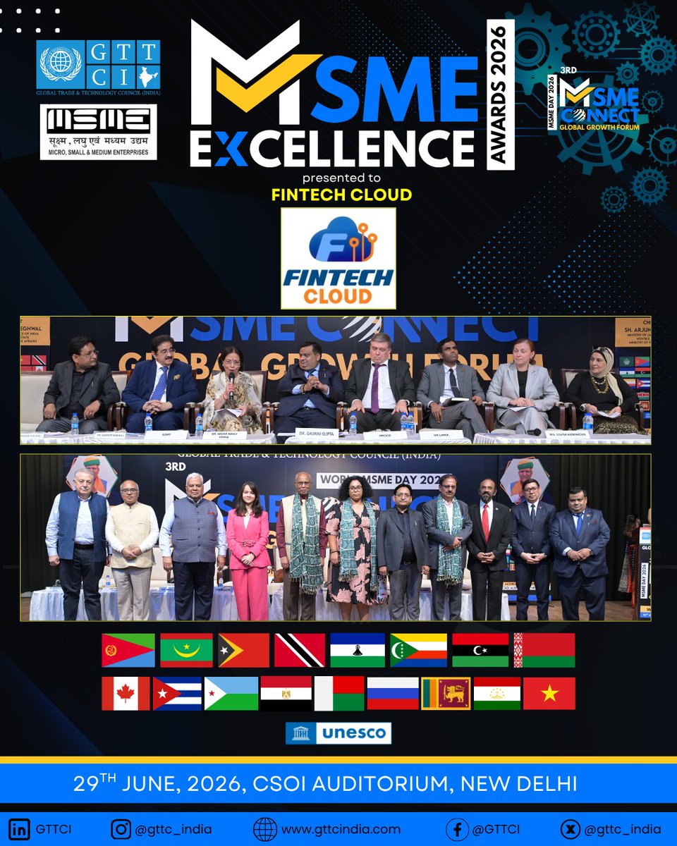 Gttc_India's tweet photo. Congratulations to Fintech Cloud on receiving the MSME Excellence Award 2026 at the 3rd MSME Connect Global Growth Forum! 🏆 Recognizing excellence in innovation, digital transformation, and contributions to India's MSME ecosystem.
#MSMEExcellenceAwards2026 #GTTCI #FintechCloud https://t.co/QJa11FXkpZ
