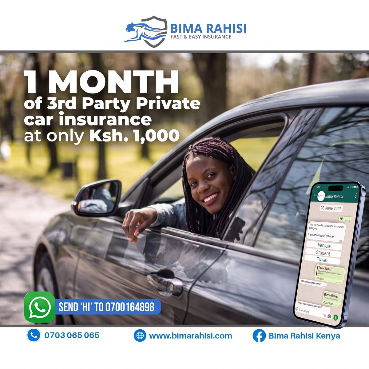 bimarahisi's tweet photo. 🔥 Drive Smart. Drive Covered. 🚗

Get Third Party Private Car Insurance for just Ksh 1,000/month!

✅ Quick & hassle-free
✅ Apply from anywhere
✅ Cover in just a few taps
📱 WhatsApp "Hi" to 0700 164 898
📞 Call 0703 065 065
🌐 https://t.co/1XiWPoEwXM
#DriveSmart #CarInsurance #BimaRahisi #InsuranceMadeEasy #Kenya
