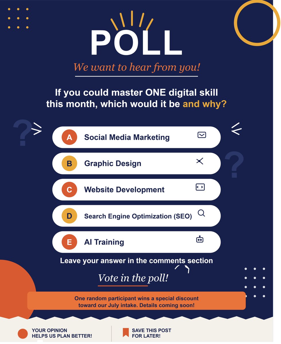 OraDMT_'s tweet photo. 🗳️ POLL: If you could master ONE digital skill this month, which would it be and why?
A) Social Media Marketing
B) Graphic Design
C) Website Development
D) SEO
E) AI Training

Drop your answer in the replies 👇
Call/WhatsApp: +254 745 564 273 for more information

#oradmt https://t.co/dqykZkUPjH