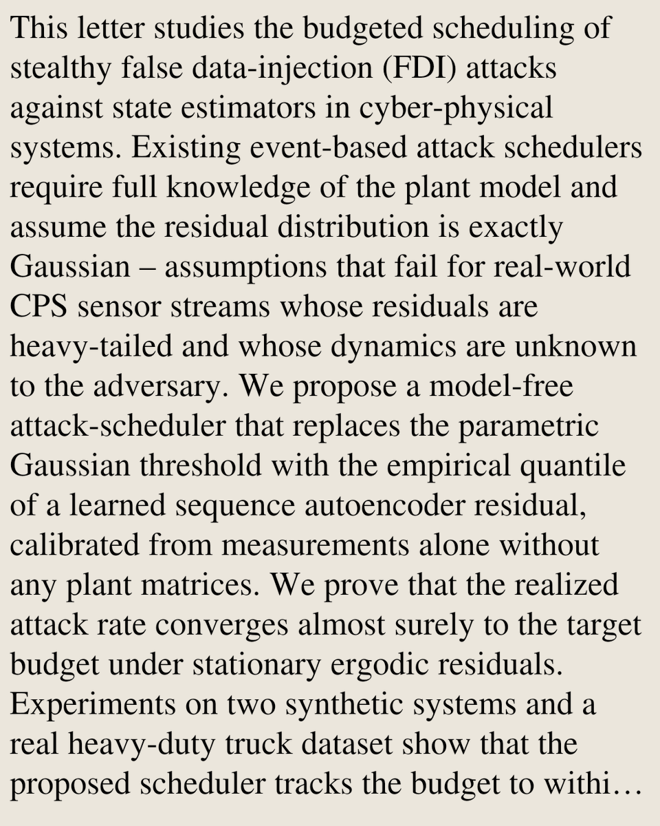 SystemsAndCtrl's tweet photo. Model-Free Budgeted Attack Scheduling for Cyber-Physical Systems

Qazi Mairaj ud din, Sidra Ghayour Bhatti, Qadeer Ahmed
https://t.co/bNTar1oKKr [𝚎𝚎𝚜𝚜.𝚂𝚈] https://t.co/rDnAWoy3OR
