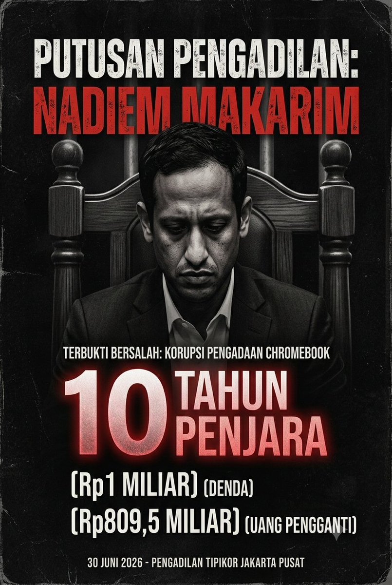 dzikryalghazaly's tweet photo. Hari ini Nadiem Makarim divonis 10 tahun.

Pengadilan memutuskan: Menghemat uang negara = merugikan negara. Nadiem Makarim divonis 10 tahun karena memilih Chromebook yang gratis & lebih cocok buat sekolah, ketimbang Windows yang lisensinya mahal tiap 3 tahun. 

Selamat datang di Indonesia, di mana efisiensi = kejahatan.

Jaksa bilang "terbukti subsider". Hakim bilang "tidak ada niat jahat sama sekali, bebaskan saja". Tapi mayoritas hakim tetap vonis 10 tahun + denda Rp1M + ganti rugi Rp809 Miliar.
Intinya: "Kamu nggak terbukti jahat, tapi tetap kami anggap jahat. Deal with it."

Bayangin logikanya:
Niat baik bantu anak sekolah belajar digital,  diputarbalikkan jadi niat jahat.

Pilih teknologi yang lebih murah & modern, dihitung sebagai kerugian negara.

Lapor kekayaan secara transparan, malah dijadikan bukti.

Ini bukan kasus korupsi. Ini kasus "salah pilih OS".

Tidak ada aliran dana ke Nadiem pribadi. Tidak ada suap. Tidak ada gratifikasi. Tidak ada pengayaan diri. Kasus gini bikin orang mikir dua kali sebelum menghemat uang negara.

Selamat untuk sistem hukum kita. Hari ini kita belajar bahwa niat baik bisa sangat mahal harganya.