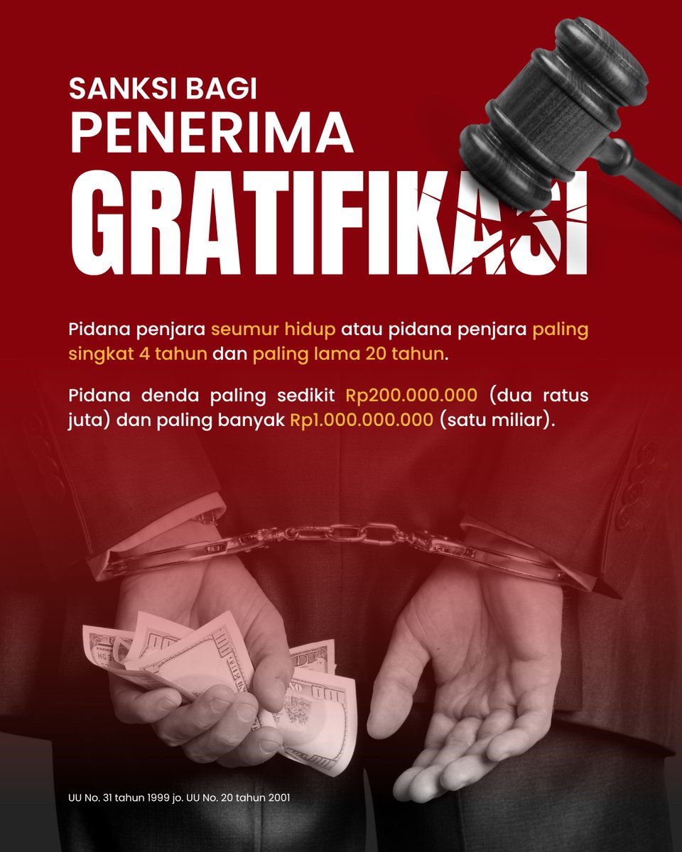 Komwasjak's tweet photo. Bersama kita wujudkan pelayanan yg bersih dan berintegritas dgn menolak segala bentuk gratifikasi. Baik penerima maupun pemberi gratifikasi memiliki konsekuensi hukum yg tegas.
Mari berperan aktif dgn tdk memberi, tdk menerima, dan berani melaporkan. #TolakGratifikasi #Integritas https://t.co/JHk2OaSrMS