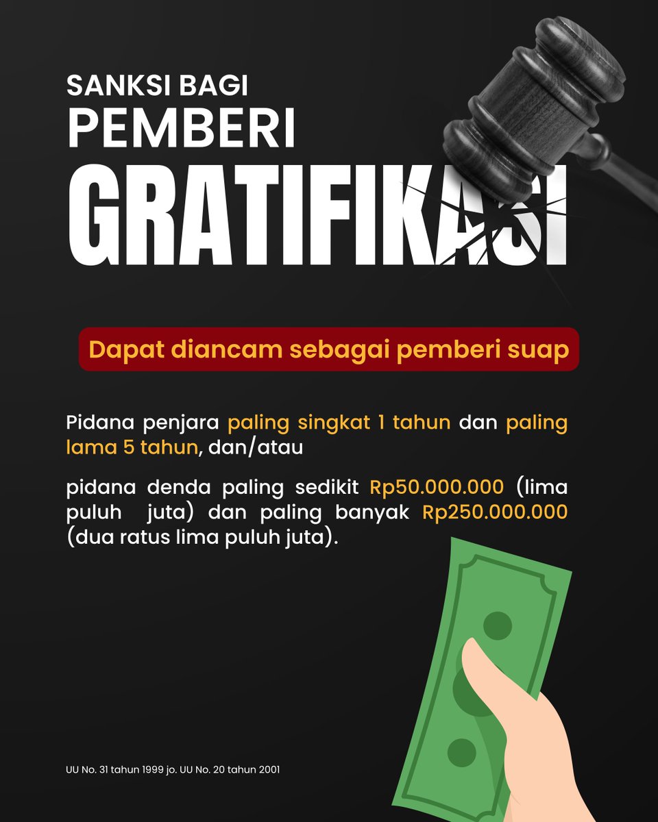 Komwasjak's tweet photo. Bersama kita wujudkan pelayanan yg bersih dan berintegritas dgn menolak segala bentuk gratifikasi. Baik penerima maupun pemberi gratifikasi memiliki konsekuensi hukum yg tegas.
Mari berperan aktif dgn tdk memberi, tdk menerima, dan berani melaporkan. #TolakGratifikasi #Integritas https://t.co/JHk2OaSrMS