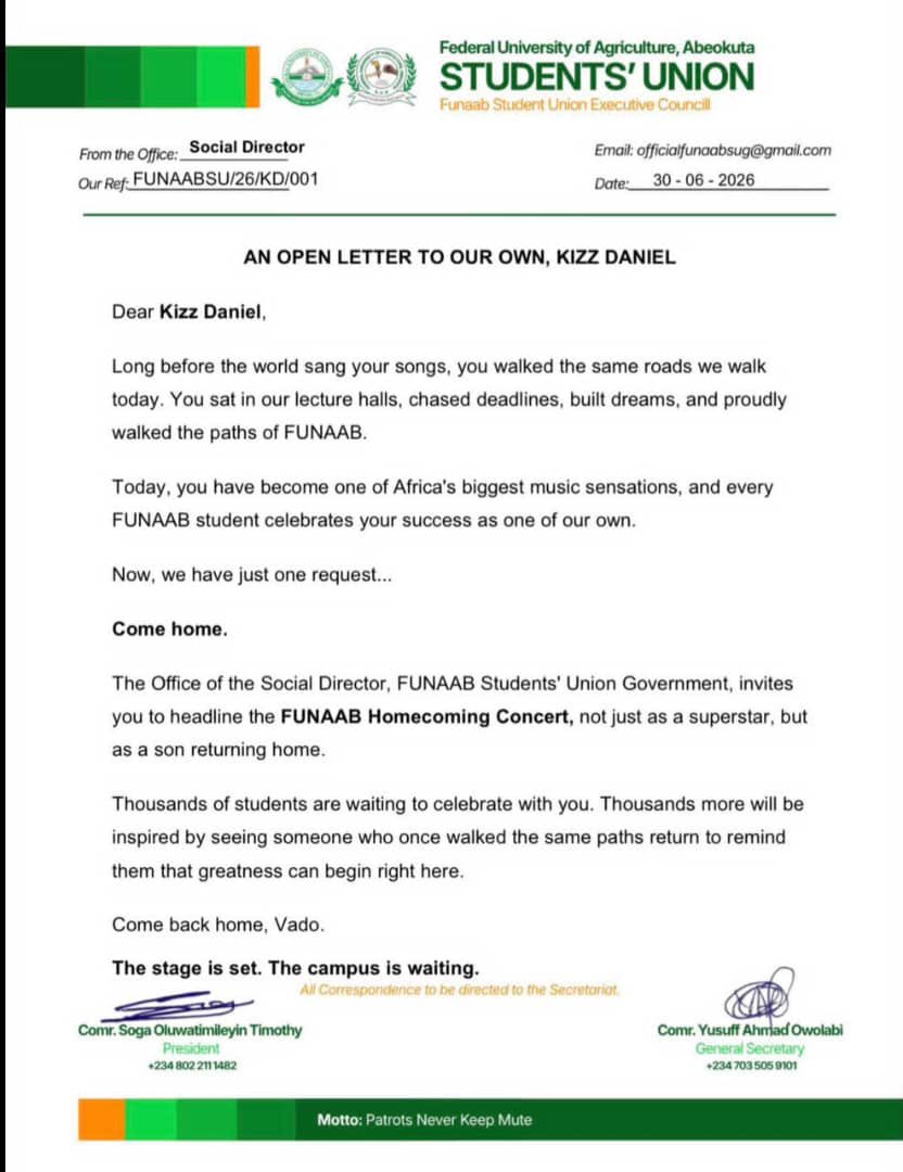 IBNSALAMTV's tweet photo. An open letter. One request.

Come home, Vado. The entire FUNAAB community is waiting to welcome one of its greatest ambassadors back to where it all started.

#FUNAABHOMECOMING #BRINGKIZZHOME https://t.co/asV7LtGYzm