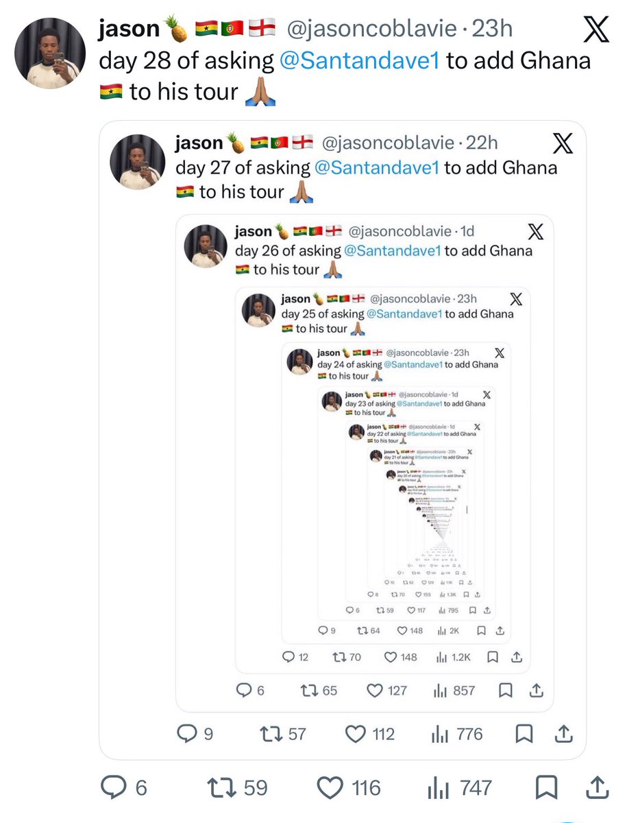 jasoncoblavie's tweet photo. day 29 of asking @Santandave1 to add Ghana 🇬🇭 to his tour 🙏🏽 https://t.co/dL4XRgQFUT