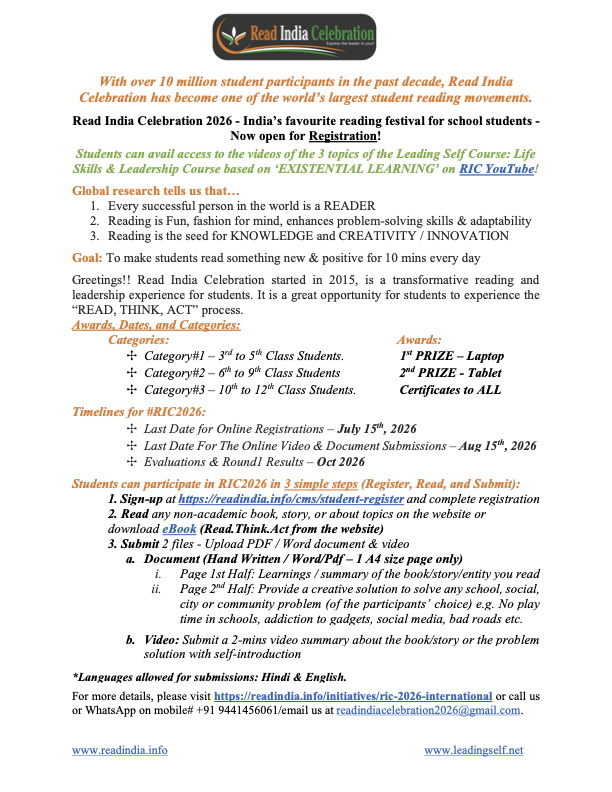 readindiateam's tweet photo. Greetings!! Read India Celebration 2026 is open for registration. For more info, please Google: Worlds largest reading festival for students! https://t.co/iA4tHcOReY