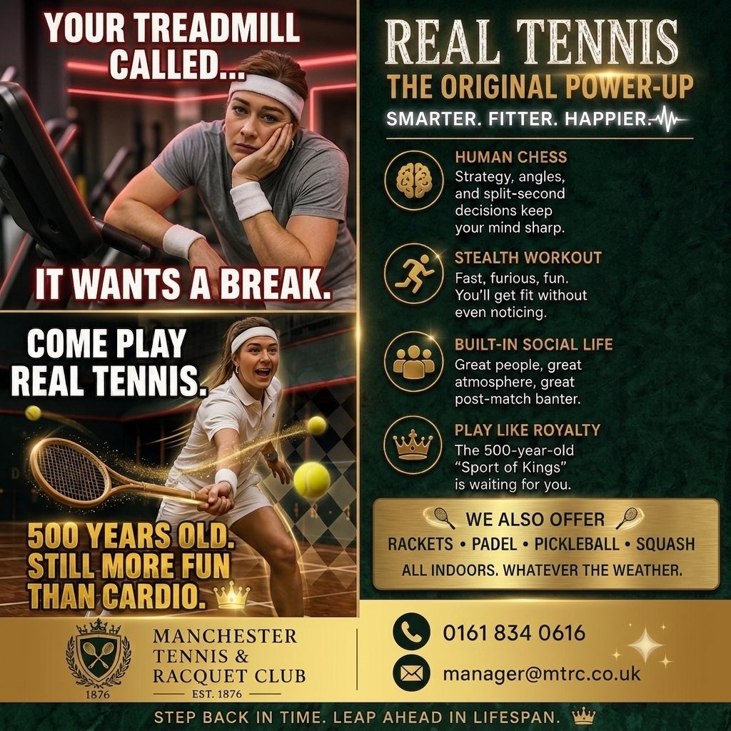 MTRC1874's tweet photo. #ManchesterSport #Manchestergym #RealTennis
#SportOfKings #RacquetSports
#PadelTennis #PickleballUK
#SquashLife #HumanChess
#MoreFunThanCardio
#DitchTheTreadmill
#StealthWorkout
#SmarterFitterHappier
#FitnessMotivation
#IndoorsWhateverTheWeather https://t.co/rU9yp48x0t