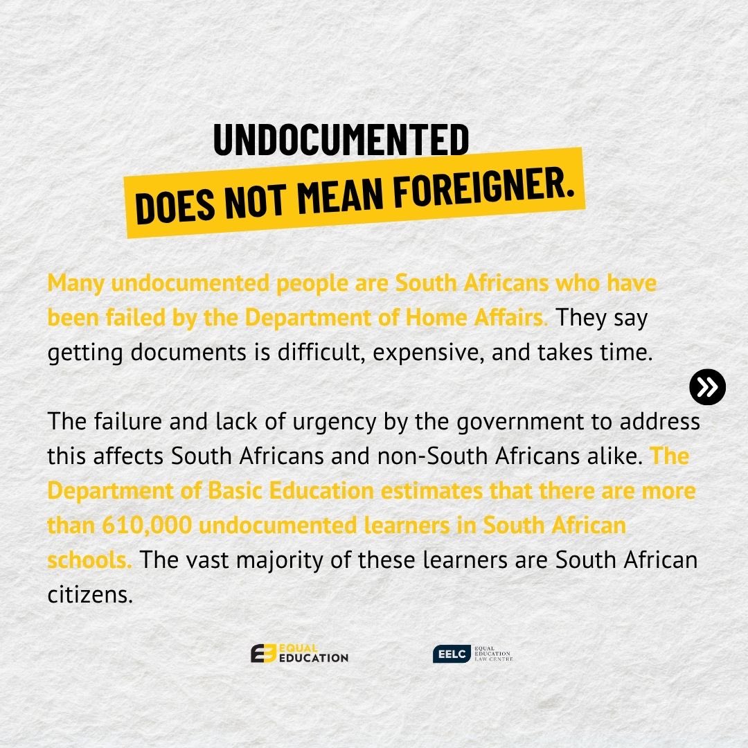 equal_education's tweet photo. Undocumented does NOT mean foreigner. Migrant does NOT mean undocumented ❌  

The Constitution says it plainly “Every child in SA has the right to basic education.” No exceptions. https://t.co/jJuj1Z9O7j