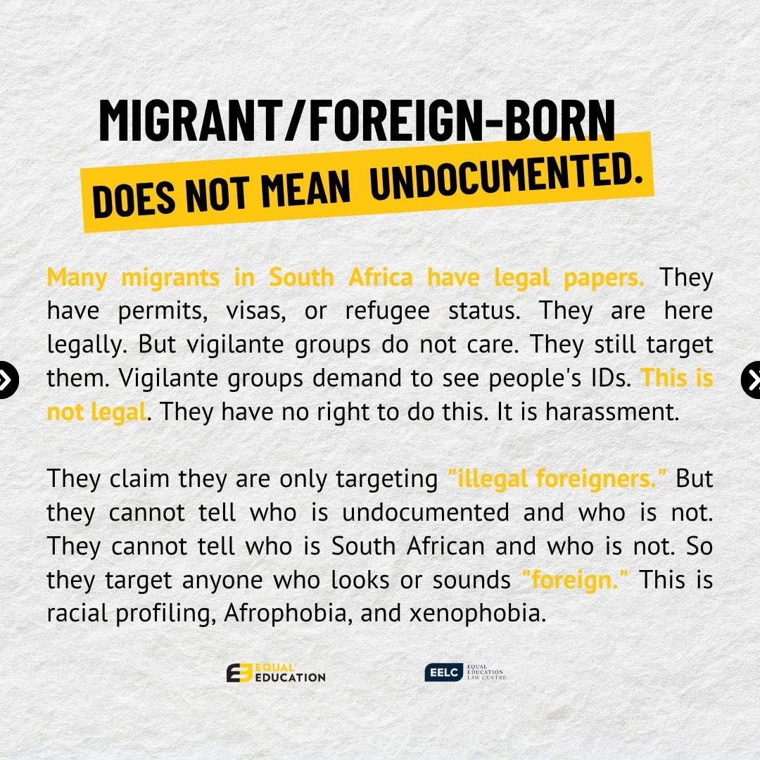equal_education's tweet photo. Undocumented does NOT mean foreigner. Migrant does NOT mean undocumented ❌  

The Constitution says it plainly “Every child in SA has the right to basic education.” No exceptions. https://t.co/jJuj1Z9O7j