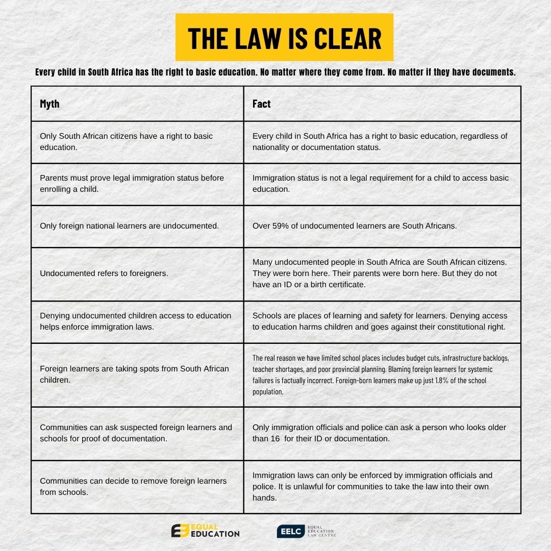 equal_education's tweet photo. Undocumented does NOT mean foreigner. Migrant does NOT mean undocumented ❌  

The Constitution says it plainly “Every child in SA has the right to basic education.” No exceptions. https://t.co/jJuj1Z9O7j