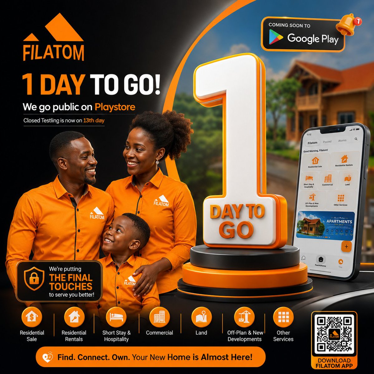 filatomapp's tweet photo. Just 1 Day Left! 🎉
The wait is almost over! 🏡✨ 

Tomorrow, Filatom takes the next big step. Thank you to everyone who has supported us throughout our closed testing journey. 

 Who's ready to explore the future of real estate?
Comment "I'm Ready!" 👇

#Filatom #RealEstate https://t.co/2ijy1GOmhn