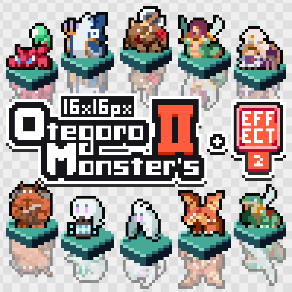 MokemoFactory's tweet photo. 【新規 #ゲーム素材 販売！】
16×16pxで描かれたモンスター10種とエフェクト18種のセットパック第二弾を販売開始✨
■モンスター：待機/移動/攻撃の４Ｆ
■エフェクト：通常の４Ｆ

今回もたくさんのカワイイを詰め込みました✨✨

#ゲーム制作 #gamedev

▼Booth
https://t.co/njsYaYMS8E https://t.co/EWtzTp4d0R