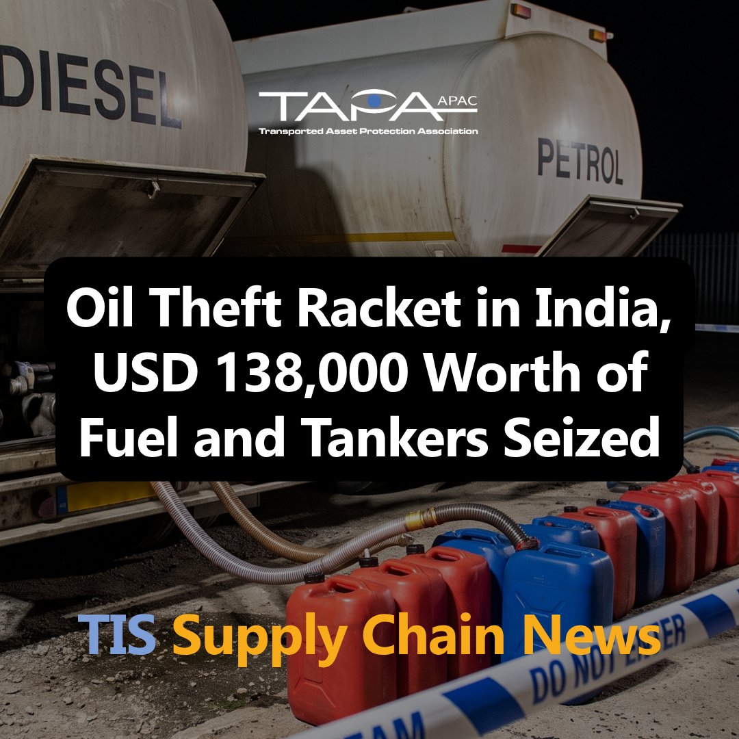 TAPA_APAC's tweet photo. This week's #TIS #SupplyChain News from TAPA APAC:
• Truck Carrying 100 Motorcycles, Engulfed in Flames on Vietnam Bridge
• Oil Theft Racket, USD 138,000 Worth of Fuel and Tankers Seized
• Counterfeit Tobacco Processing Facility, Stopped
Read here: https://t.co/PqmRyEx3QY https://t.co/1IDxIvXeXh