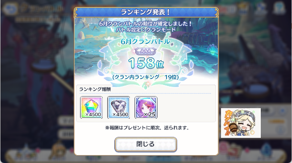 maroniitei's tweet photo. 6月のクラバトの結果は158位でした

クラメンのみんなの頑張りのおかげです
今月も討伐協力ありがとうございました

38周目で終了
消滅8回、通信エラーで1凸欠け

あらためて6月のクランバトルお疲れ様でした！ https://t.co/PyyK15UTBI