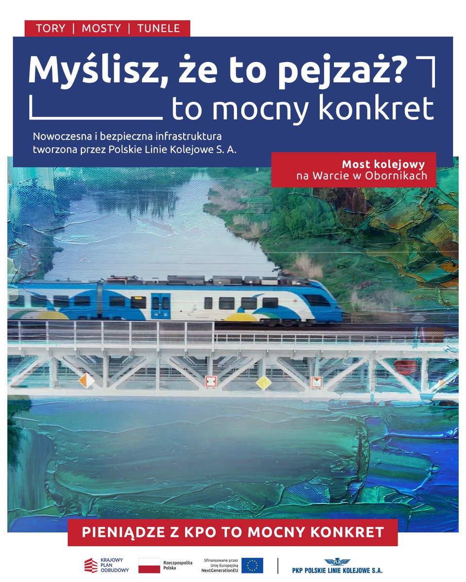 PKP_PLK_SA's tweet photo. Zmieniamy kolej na lepsze z KPO.

W Obornikach nad Wartą zbudowaliśmy nową nitkę mostu kolejowego, która umożliwi dwutorowy ruch pociągów na trasie Poznań – Piła.

Powstały też ponad 3 km nowych torów, w tym nowa mijanka w Parkowie oraz dostępne perony w Obornikach i Parkowie.