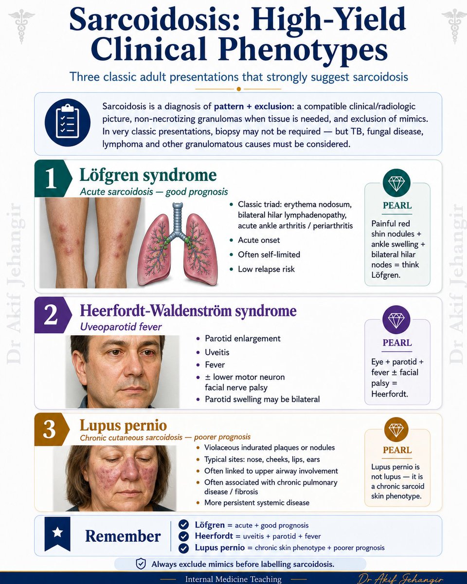 pgMedicine's tweet photo. Sarcoidosis is pattern recognition with exclusion of mimics.

Löfgren suggests acute disease with good prognosis, Heerfordt gives the uveoparotid pattern, and lupus pernio points toward chronic sarcoid with more persistent systemic involvement. https://t.co/ik0cNy7sqy