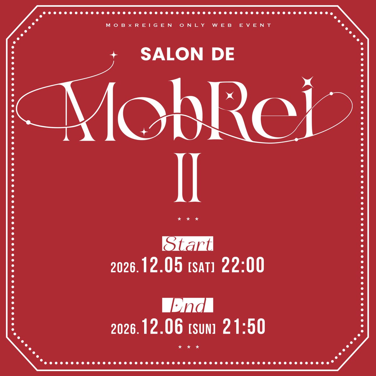 salondemobrei's tweet photo. ◤￣￣￣￣￣￣￣￣￣￣￣￣￣￣￣￣￣￣￣
　　Salon de MobRei Ⅱ 開催のおしらせ
＿＿＿＿＿＿＿＿＿＿＿＿＿＿＿＿＿＿＿◢

モブ霊左右相手完全固定Webオンリーイベント「 Salon de MobRei Ⅱ（サロン・ド・モブレイ Ⅱ） 」を開催します✨

#SalondeMR_info https://t.co/kfztD8xyOw