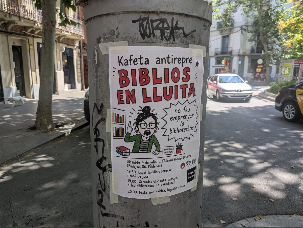 Octubre_P9's tweet photo. 📢Aquest dissabte veniu al casal a donar suport a les treballadores de les biblioteques públiques!✊🏻

 Kafeta 'No feu emprenyar la bibliotecària' 📗

17.30h  berenar i espai infantil🍭🍉
19h Xerrada
20h Festa🎉

#defenembiblios https://t.co/nRo7J7EgL3